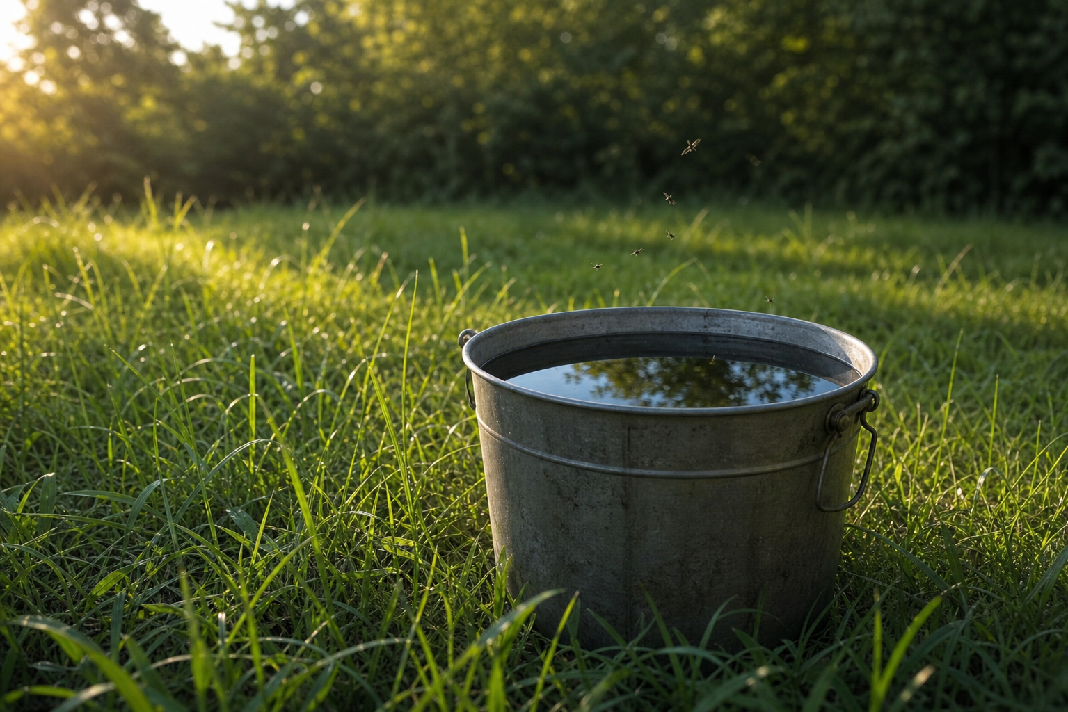 Mosquitoes Near Bucket of Water in Backyard