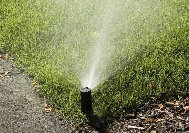 automatic sprinkler head watering lawn