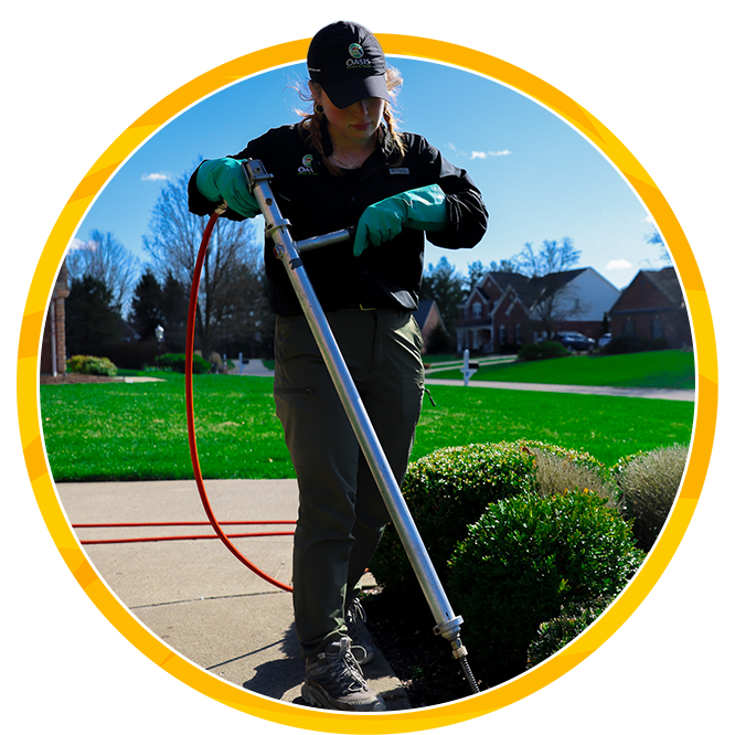 Oasis Tree & Shrub Expert Technician in gloves and cap uses a long hose for deep root fertilization of trees beside trimmed shrubs and a sidewalk, with green lawns and homes behind, appearing focused.