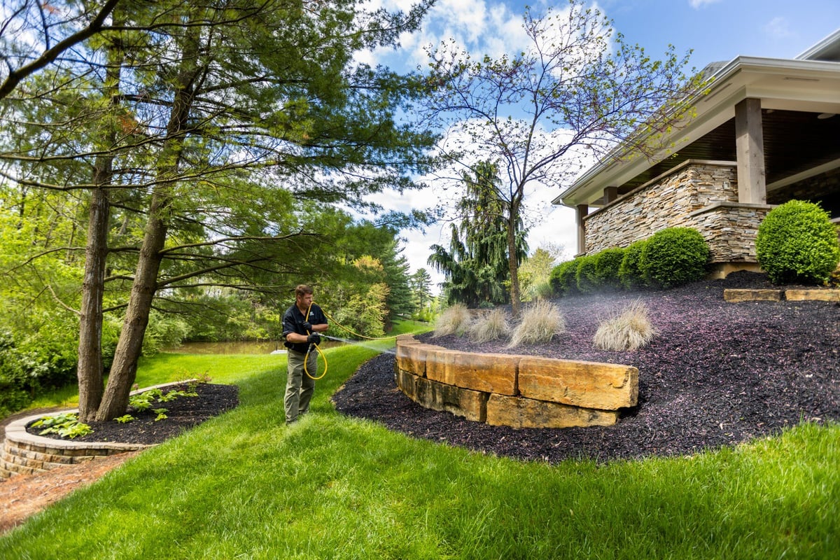 spraying near rock wall and grasses for mosquitoes