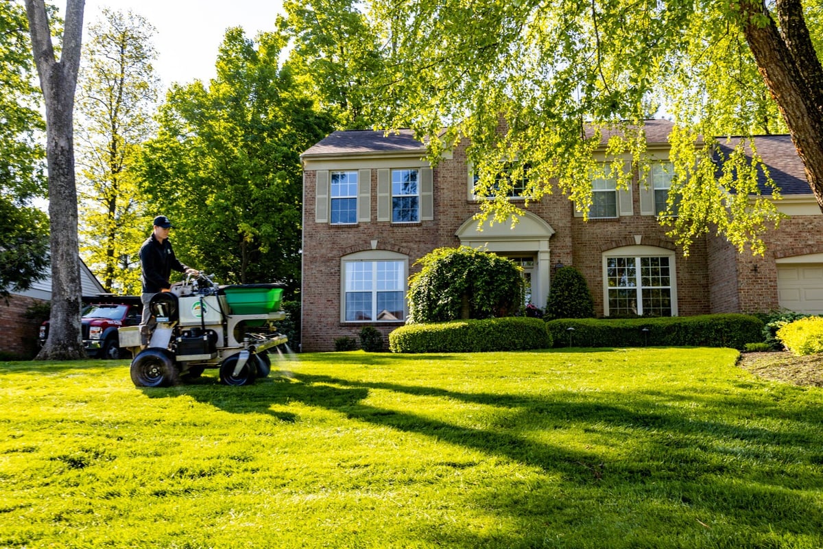 lawn care technician spraying for weeds on green lawn