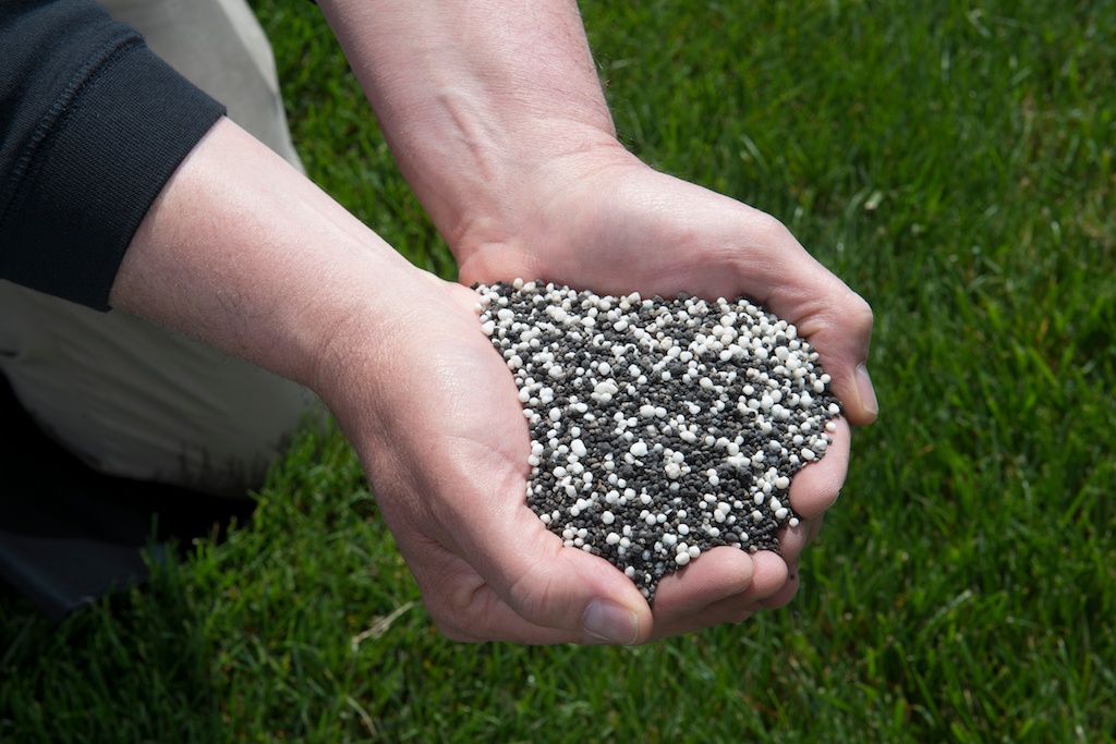 Lawn care technician holding fertilizer