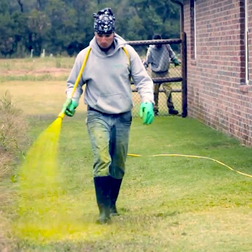 lawn care tech spraying yellow chemicals