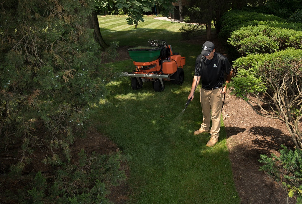 lawn care technician spot spraying lawn