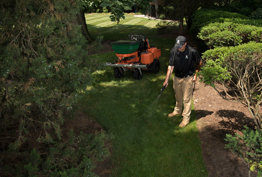 lawn care technician using spot sprayer