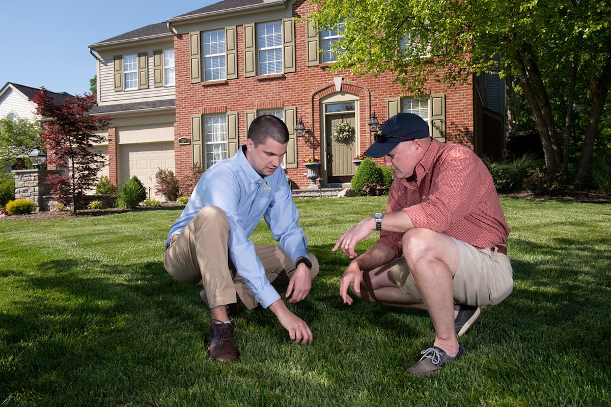 lawn care expert inspects grass with client